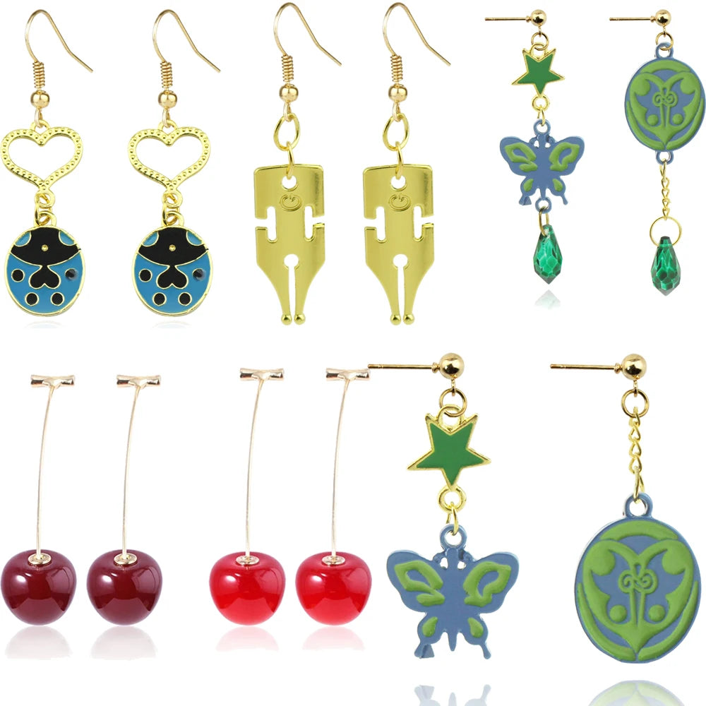 Anime JoJo Bizarre Adventure Drop Earrings Cosplay Props JOJO Kakyoin Noriaki Butterfly Cherry Earrings Ear Clip Jewelry Gift