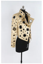 Nerazzurri Women's Faux Leather Jacket with Rivets & Hollow Out Detail
