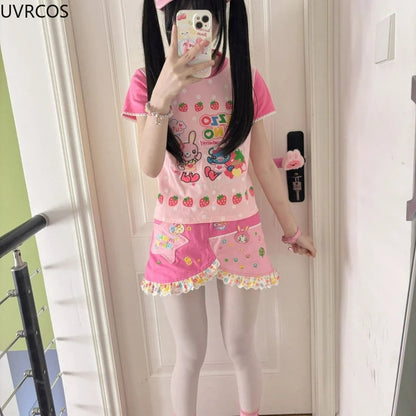 Y2k Aesthetics Cartoon Print Women T-shirt Japanese Kawaii E-girl Contrast Color Cute Strawberry Tees Fairy Grunge Tshirts Tops SS69