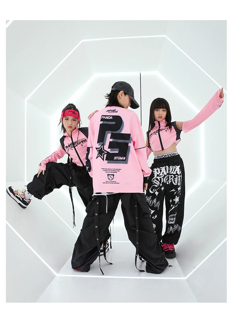 Hip Hop Dance Costume for Girls Pink Tops Black Pants Teenagers Boys Jazz Dance Performance Clothes Kpop Outfits Kids Stage Wear SS69