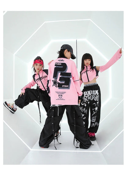 Hip Hop Dance Costume for Girls Pink Tops Black Pants Teenagers Boys Jazz Dance Performance Clothes Kpop Outfits Kids Stage Wear SS69