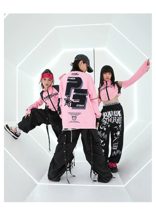 Hip Hop Dance Costume for Girls Pink Tops Black Pants Teenagers Boys Jazz Dance Performance Clothes Kpop Outfits Kids Stage Wear SS69