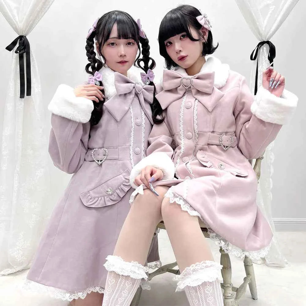 Japanese Sweet Winter Woolen Coat Lolita Style Cute Big Bow Fungus Edge Long Sleeve Slim Kawaii Girls Women Elegant Overcoat