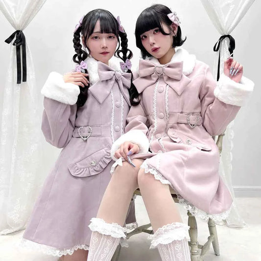 Japanese Sweet Winter Woolen Coat Lolita Style Cute Big Bow Fungus Edge Long Sleeve Slim Kawaii Girls Women Elegant Overcoat