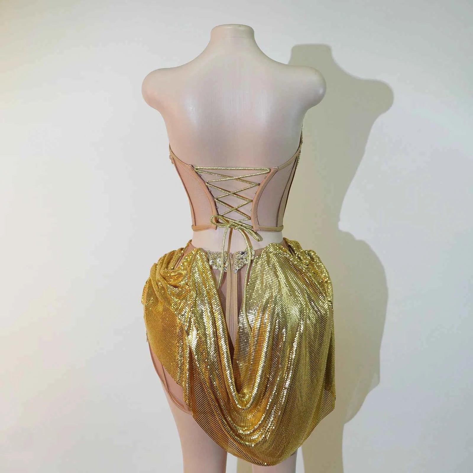 Draped sequins Skirt 2 Piece Women Gold Rhinestone Corset Outfit Sparkly Crystal Stage Costume Club Party Bar Performance Dance