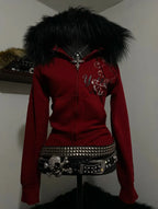 Women Y2K Gothic Zip Up Hoodie Red Faux Fur Collar Embroidery Rhinestone Hooded Jacket Grunge Streetwear Casual Sweatshirt