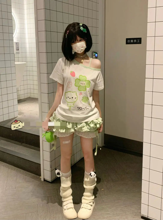 Kimotimo Green Plaid Bow Skirt Shorts Women Elastic Waist Slim Ift Short Pants Japanese Kawaii Versatile Y2k Aesthetic Clothes