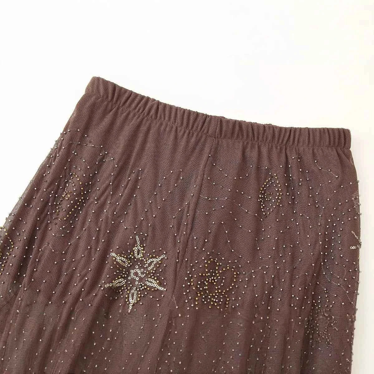 Women Fashion Translucent Sequin Pants Vintage Brown Elastic Waist Straight Trousers Spring Summer Holiday Party Pant