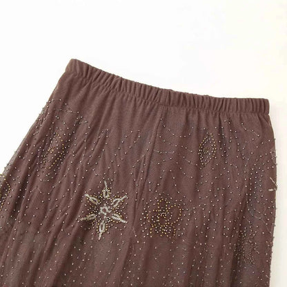 Women Fashion Translucent Sequin Pants Vintage Brown Elastic Waist Straight Trousers Spring Summer Holiday Party Pant