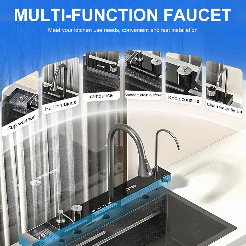 BOSX Stainless Steel Kitchen Sink with Waterfall Faucet