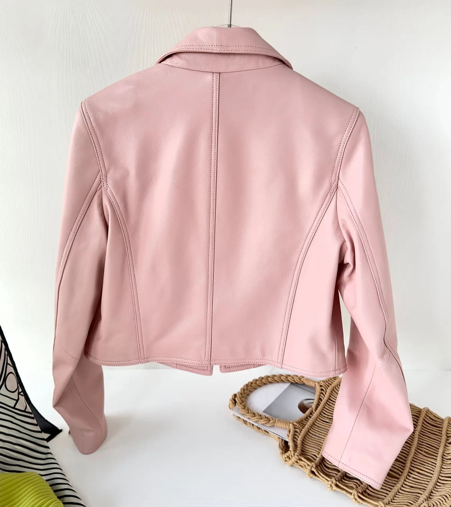 Women's Genuine Sheepskin Leather Blazer Jacket - Pink, Single Button