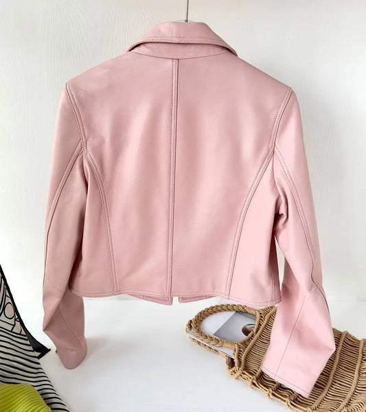 2024 New Short Genuine Leather Blazer Jackets for Women Fashion Pink Lapel Single Button Female Long Sleeve Sheepskin Jackets
