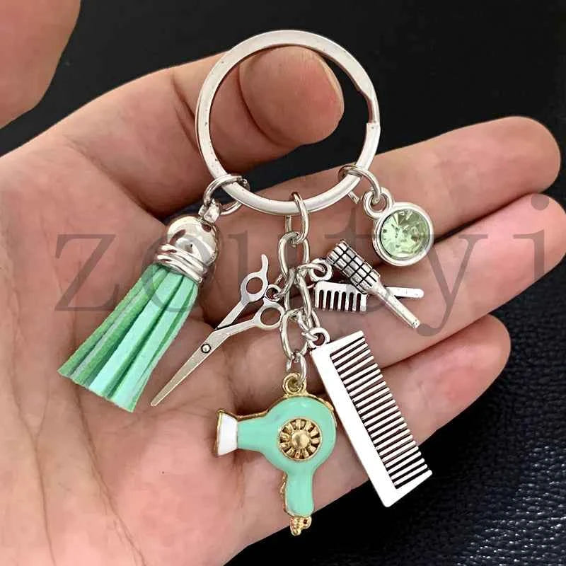 New fashion hairstyle gift charm tassel keychain retro jewelry mini hairdressing scissors hair dryer comb keychain DIY manual