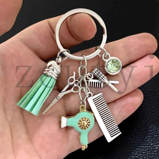 New fashion hairstyle gift charm tassel keychain retro jewelry mini hairdressing scissors hair dryer comb keychain DIY manual