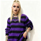 New Women's Punk Gothic Oversized Pullover Sweater Striped Hollow out Cool Harajuku Aesthetics Spring Autumn