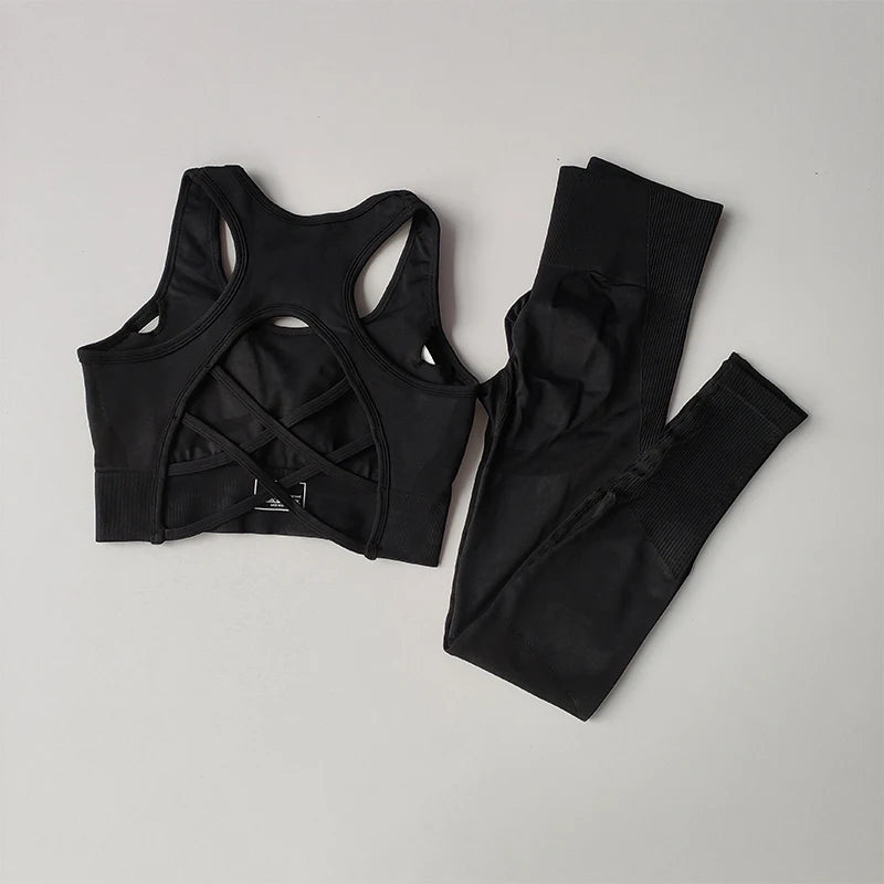 2PCS Sports Bra Women's Set Professional Fitness Tank Top Bra Shockproof Running Leggings Yoga Suit Beautiful Back Bra Clothing - SS69