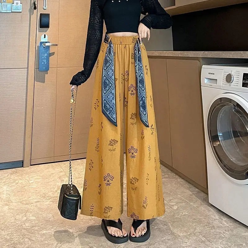 Women's Floral Print Wide Leg Pants - High Waist Casual Trousers