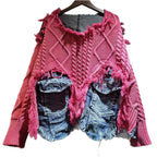 Nancylim Women's Vintage Denim Patchwork Knit Pullover