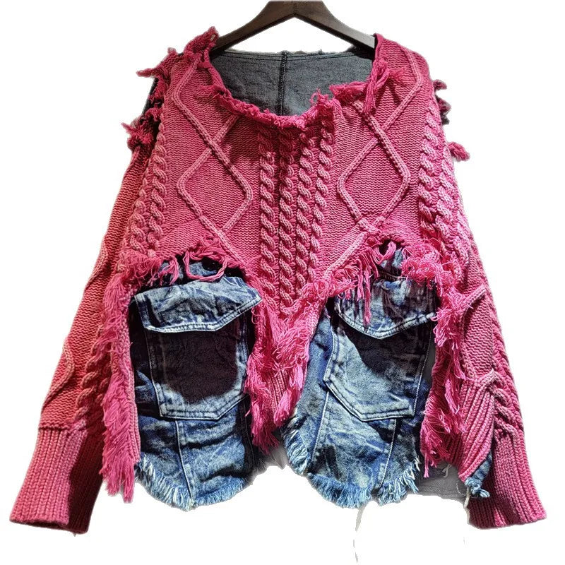Nancylim Women's Vintage Denim Patchwork Knit Pullover