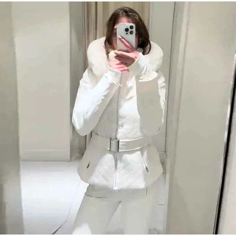 Fashion Solid Warm Ski Suit Women's Hood Fur Trim Full Sleeves Belt Coats High Waist Pants 2025 Winter Lady Windproof Tracksuit