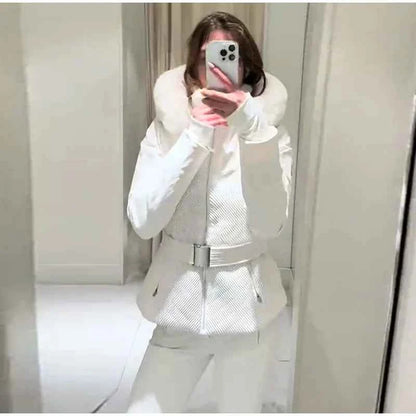 Fashion Solid Warm Ski Suit Women's Hood Fur Trim Full Sleeves Belt Coats High Waist Pants 2025 Winter Lady Windproof Tracksuit