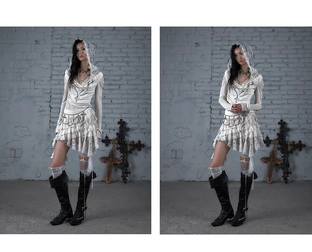 NO ROMANCE Fairy Sexy Punk Printing Half Transparent Lace Patch Knitted Long Sleeve Hooded Dresses Rock Gothic Design Vestidos SS69