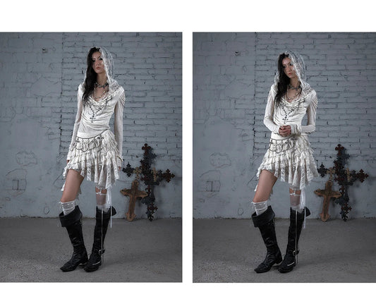 NO ROMANCE Fairy Sexy Punk Printing Half Transparent Lace Patch Knitted Long Sleeve Hooded Dresses Rock Gothic Design Vestidos SS69