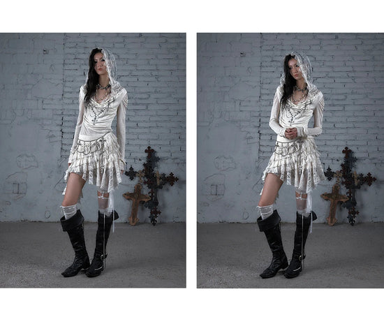 NO ROMANCE Fairy Sexy Punk Printing Half Transparent Lace Patch Knitted Long Sleeve Hooded Dresses Rock Gothic Design Vestidos SS69