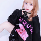 Harajuku Printed Black Zipper Hoodie
