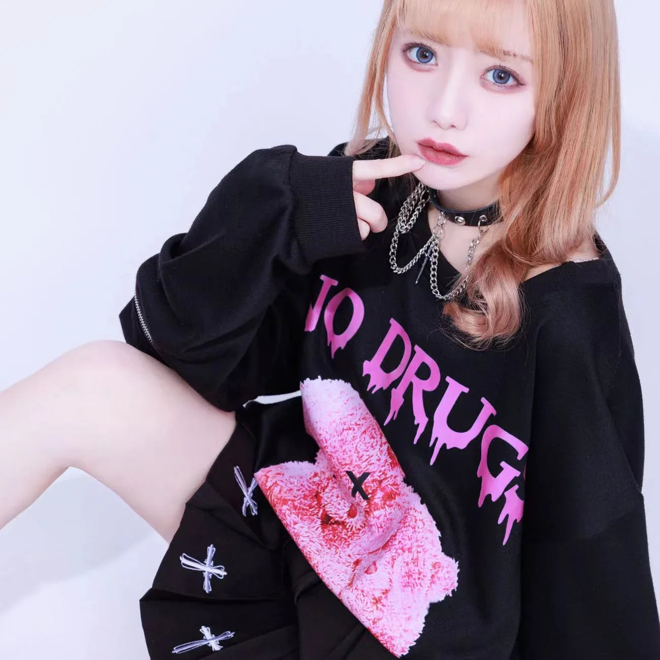 Harajuku Printed Black Zipper Hoodie