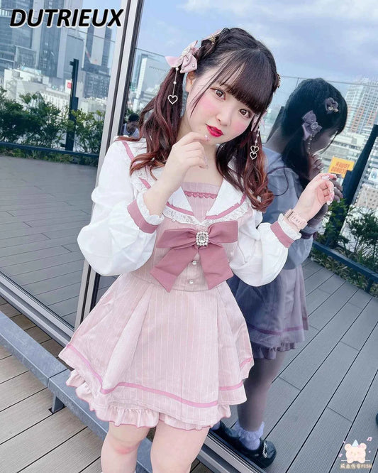 Japanese Style Women's Outfits Sailor Collar Plaid Rhinestone Bow Dress Shorts Set Sweet Lolita Mine Series Dress Two-Piece Suit