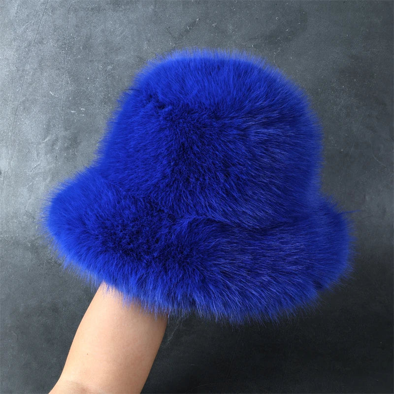 2025 Fluffy Faux Fur Bucket Hats Women Rabbit Fur Warm Thick Plush Winter Hat Lady Fashion Luxury Panama Furry Fisherman Cap Y2k