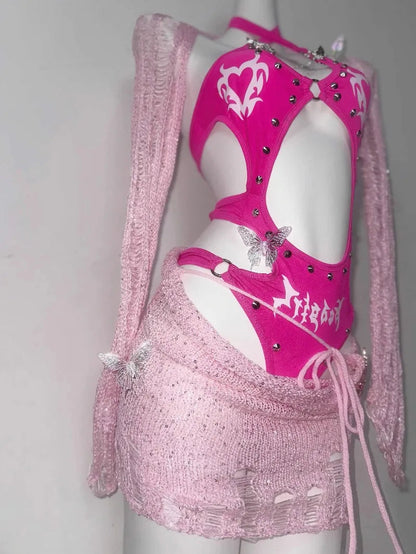 Original Barbie Powder Flash Three-dimensional Rivet-cut Onesie Tattered Wool Knitted Skirt Spice Girl For Suit SS69
