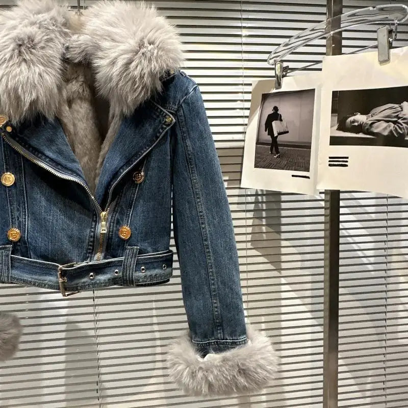 Winter Women Denim Coat Jacket Fox Collar Short  Warm High Street Outerwear Thicken Coat High Quality Luxury Design Party Wear