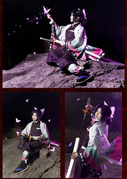 Kochou Shinobu Anime Cosplay Costume Set with Uniform and Haori for Adults