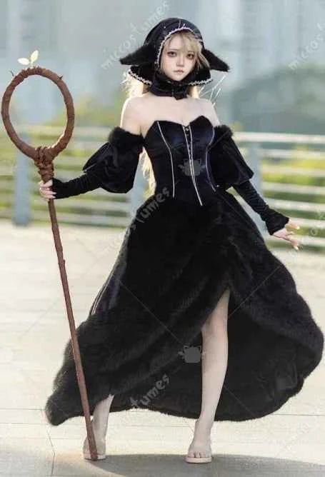 Miccosumes Women's Marcille Donato Cosplay Costume Black Dress Set with Headscarf Sleeves and Ears