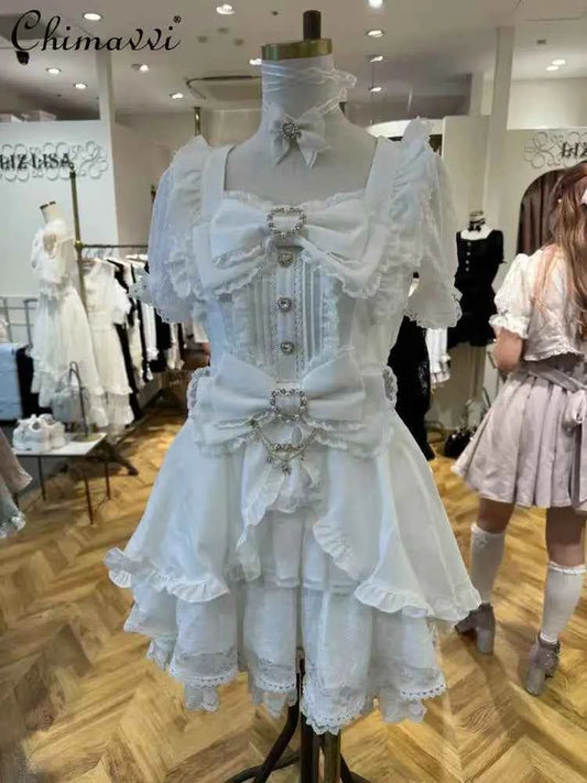 Liz New Japanese Lolita Princess Dress Set Spring Summer Big Bow Spring Summer Short Sleeve Slim Sweet Dress and Shorts Set