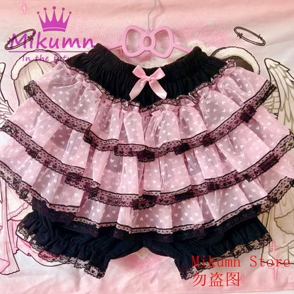 Mikumn Harajuku Sweet Lace Shorts Skirts Y2k Japanese Lolita Kawaii JK Ruffles Bloomers Women Elastic Waist Safety Short Pants SS69 48.69 Black Pink / Waist 100-140cm