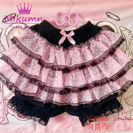 Mikumn Harajuku Sweet Lace Shorts Skirts Y2k Japanese Lolita Kawaii JK Ruffles Bloomers Women Elastic Waist Safety Short Pants SS69 48.69 Black Pink / Waist 100-140cm
