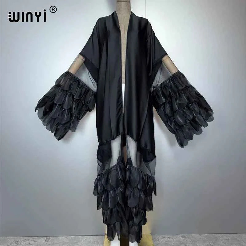 WINYI Catwalk sexy Kimono Women elegant coat Long Sleeve Cardigan abaya dubai luxury beachwear Cover Up dress holiday Caftan