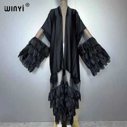 WINYI Catwalk sexy Kimono Women elegant coat Long Sleeve Cardigan abaya dubai luxury beachwear Cover Up dress holiday Caftan