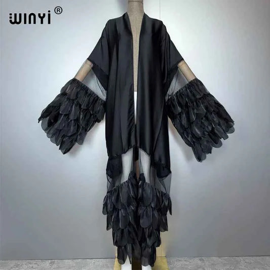 WINYI Catwalk sexy Kimono Women elegant coat Long Sleeve Cardigan abaya dubai luxury beachwear Cover Up dress holiday Caftan