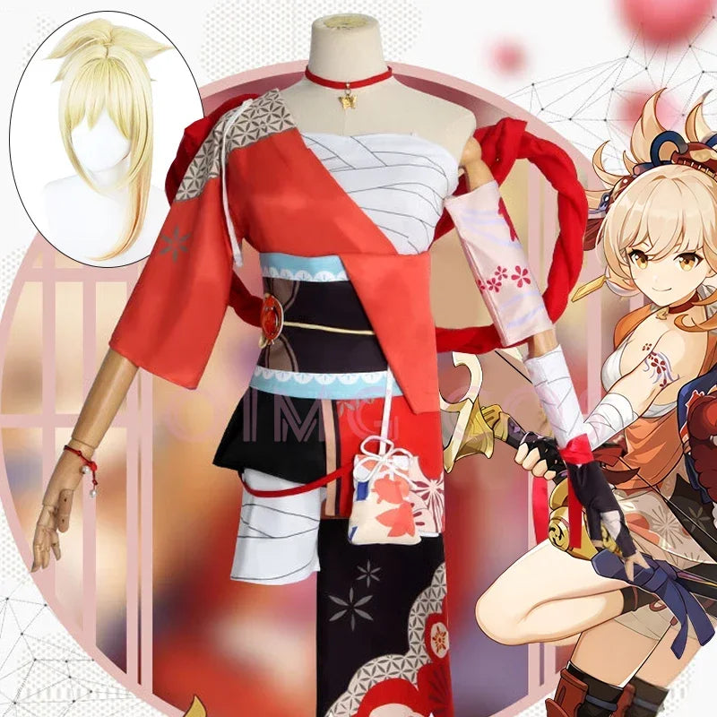 Genshin Impact Yoimiya Cosplay Costume Adult Carnival Uniform Wig Anime Halloween Party Costumes Masquerade Women Game SS69