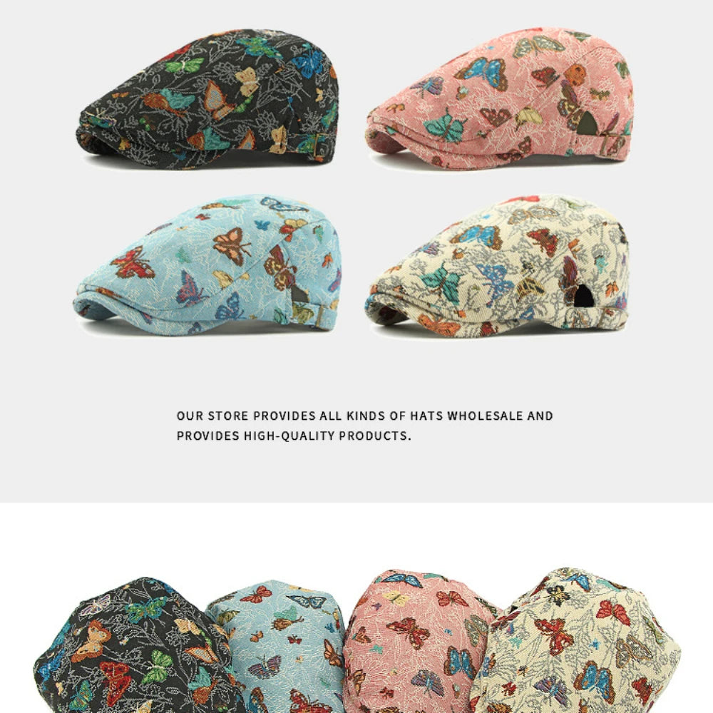 Women's Butterfly Embroidery Cotton Beret Hat - Adjustable Painter Cap