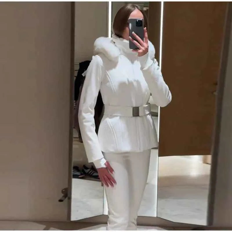Fashion Solid Warm Ski Suit Women's Hood Fur Trim Full Sleeves Belt Coats High Waist Pants 2025 Winter Lady Windproof Tracksuit