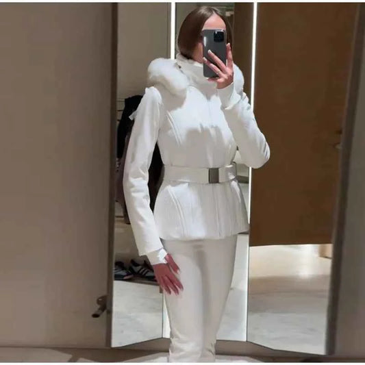 Fashion Solid Warm Ski Suit Women's Hood Fur Trim Full Sleeves Belt Coats High Waist Pants 2025 Winter Lady Windproof Tracksuit
