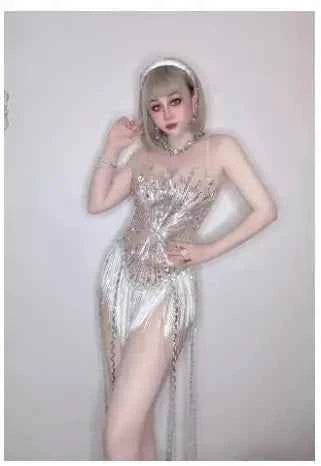 Sparkly Rhinestones Sequins Fringes for Women Stage Wear Leotard Sexy Mesh Transparent Performance Dance Costume Club Outfit