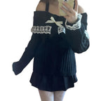 Pretty Cute Outfits Harajuku Cosplay Sweater Kawaii Lace Trim Off Shoulder Pullovers Y2K Aesthetic Vintage Long Sleeve Jumpers SS69