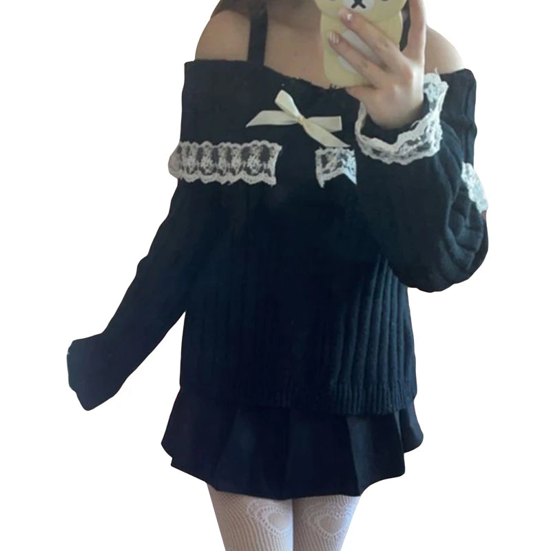 Pretty Cute Outfits Harajuku Cosplay Sweater Kawaii Lace Trim Off Shoulder Pullovers Y2K Aesthetic Vintage Long Sleeve Jumpers SS69