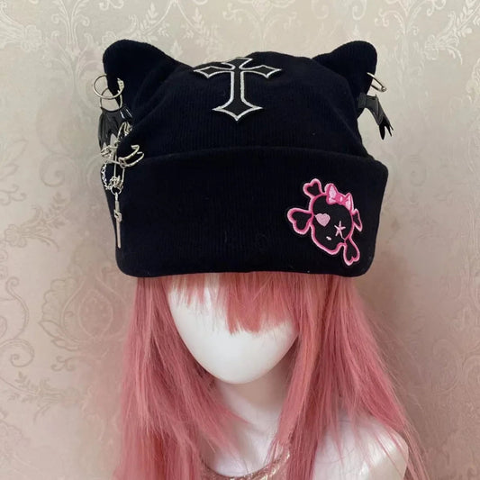 Gothic Punk Cat Ear Hat Cross Skeleton Knitted Black Y2K Girl Subculture Cute Lace Net Hat Chinese Brand None( AE Stock) SS69
